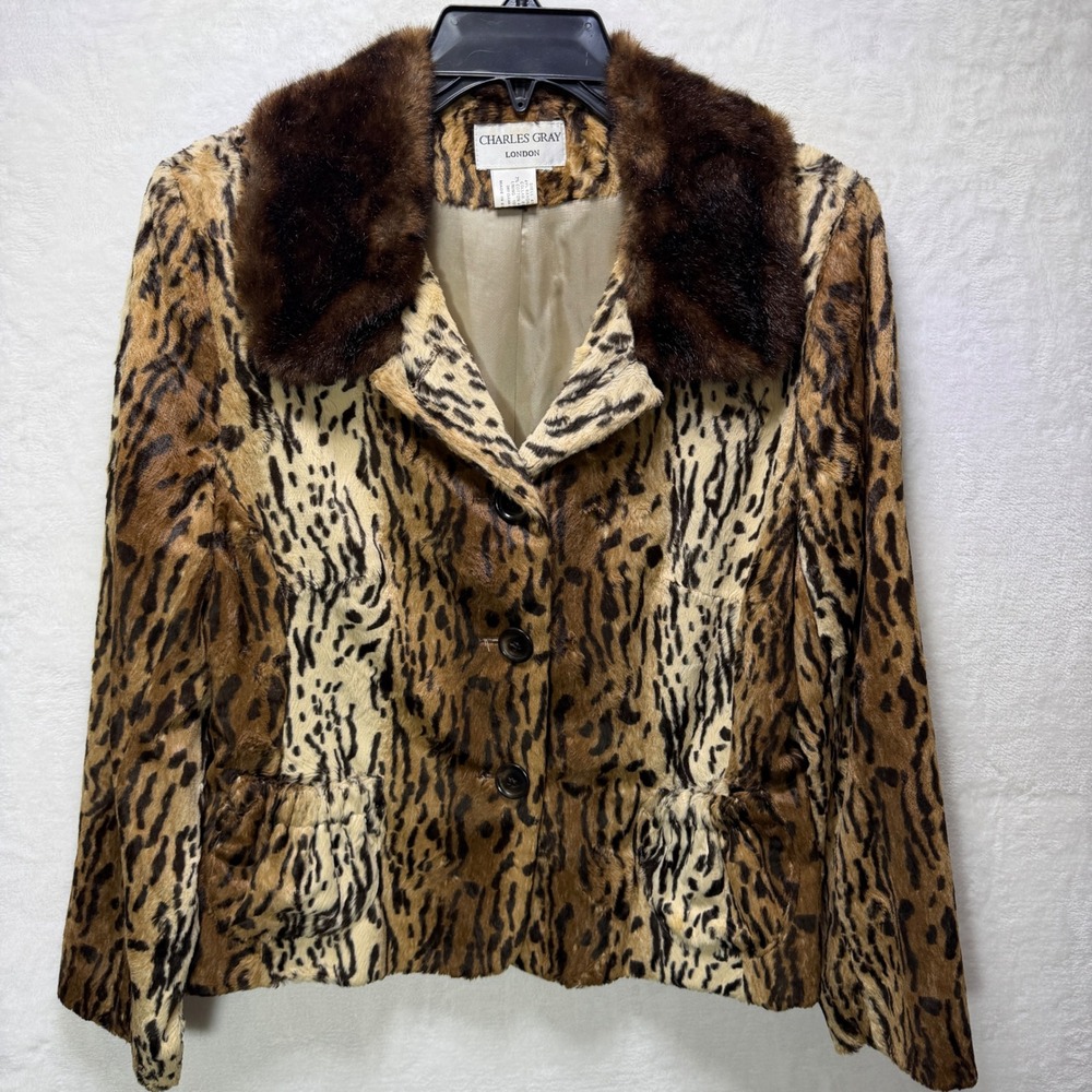 VTG Charles Gray London Leopard Print Faux Fur Jacket Brown S/M England